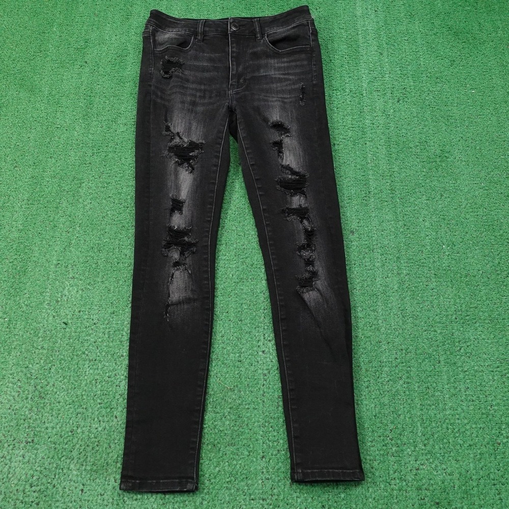 American Eagle Jeans Womens 6 Black Hi-Rise Jegging Distressed 27 Inseam